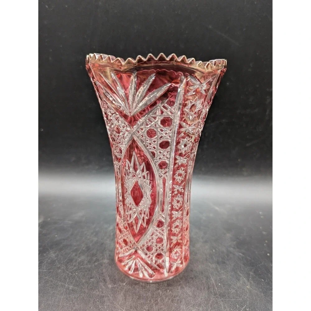 Vintage Crystal De Arques Ruby Red Cut Clear Glass Vase Sawtooth Starburst 6.75